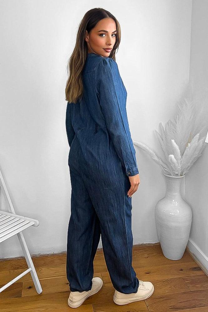 100% Cotton Dark Blue Denim Pleated Shoulders Smart Jumpsuit