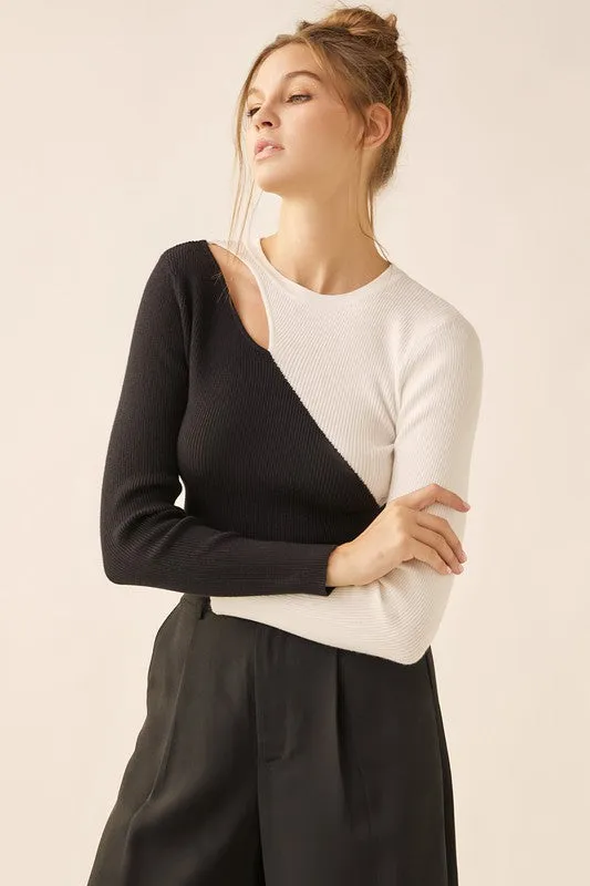 Ariel Color Block Asymmetrical Cut Out Sweater Top - Black/White