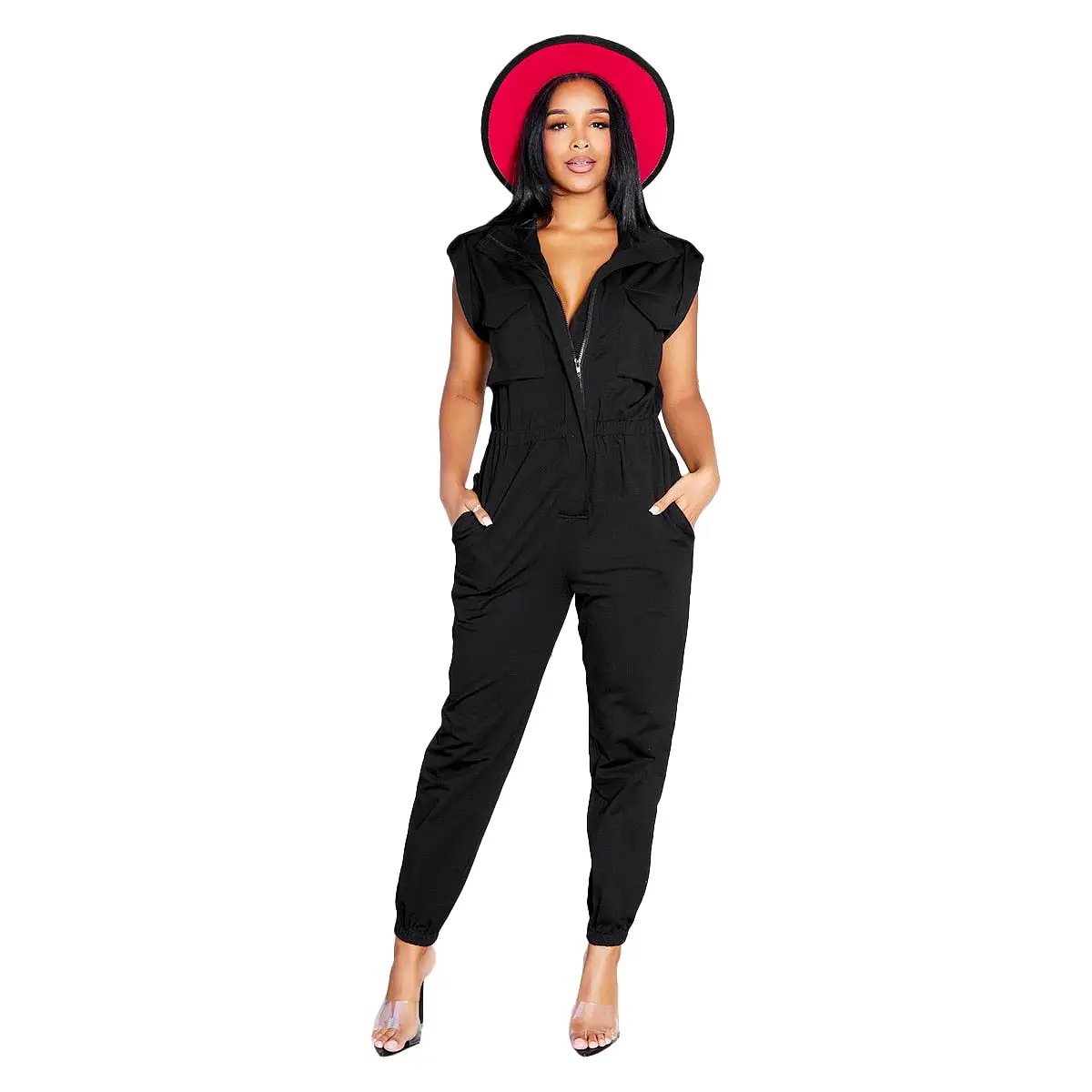 Ashore Shop Fashion Short Sleeve Pockets Cargo Jumpsuit Women 2023 Summer Casual One Piece Pants V Neck Zipper Slim Jumpsuit Str