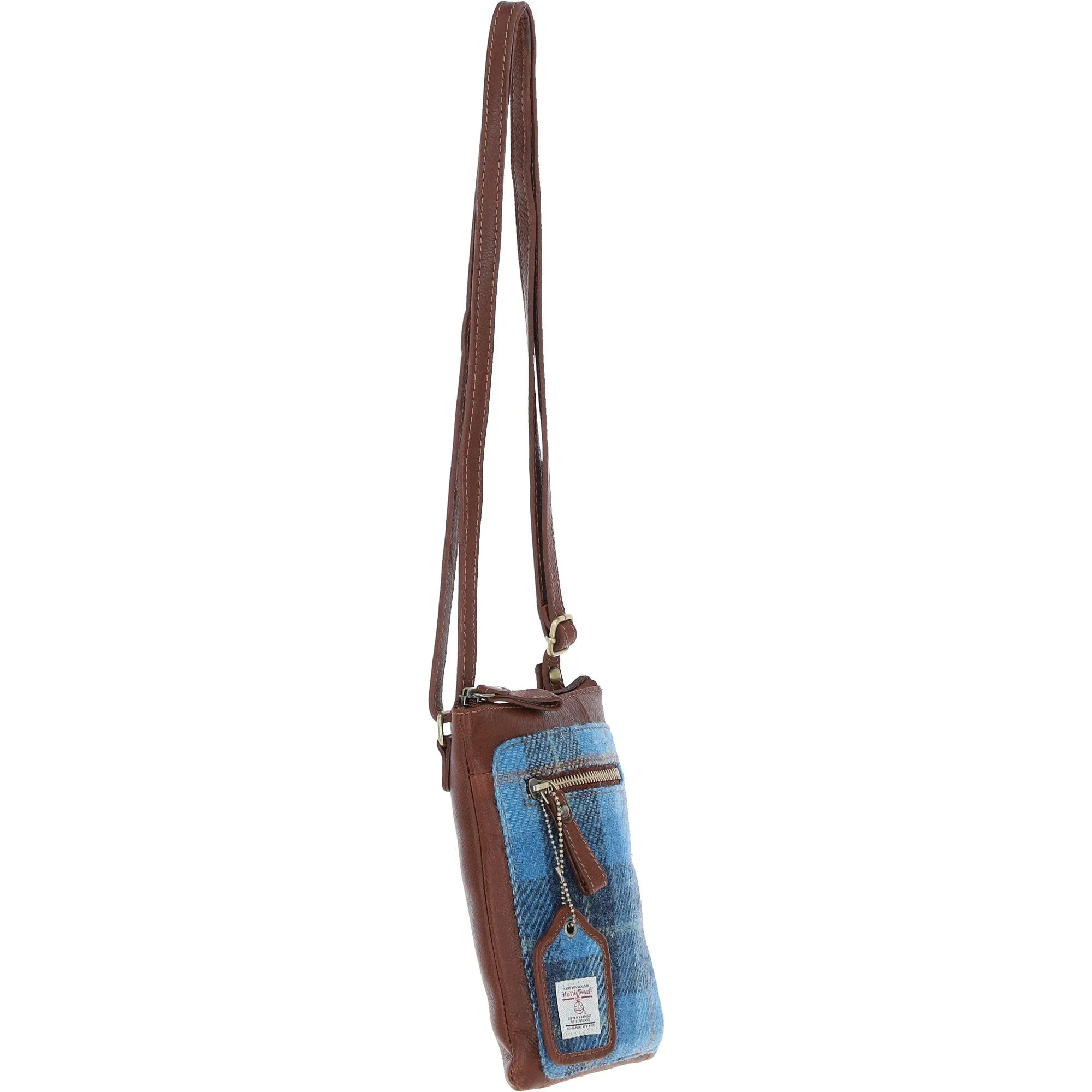 Authentic Ashwood Leather & Harris Tweed Crossbody Bag Tan/LT Blue: TW-29-05-TB