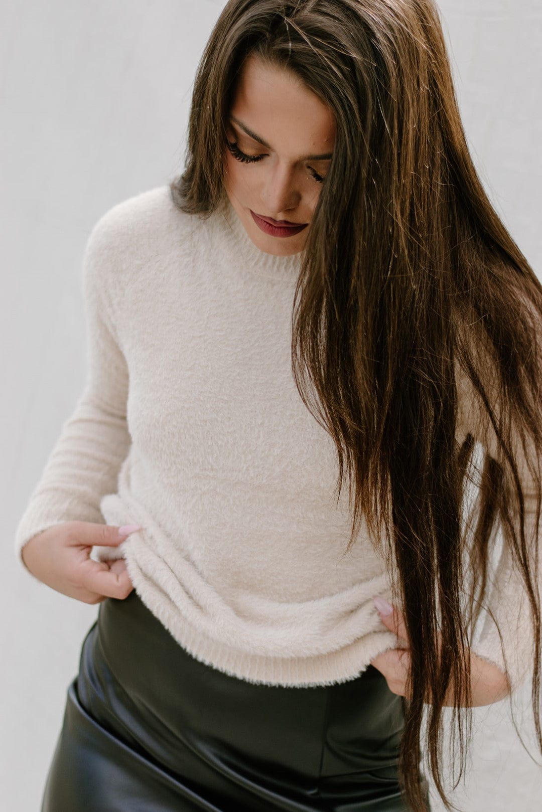 Beige High Neck Fuzzy Sweater