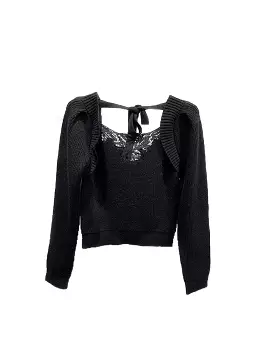 Black Long Sleeve Knit Embroidered Top