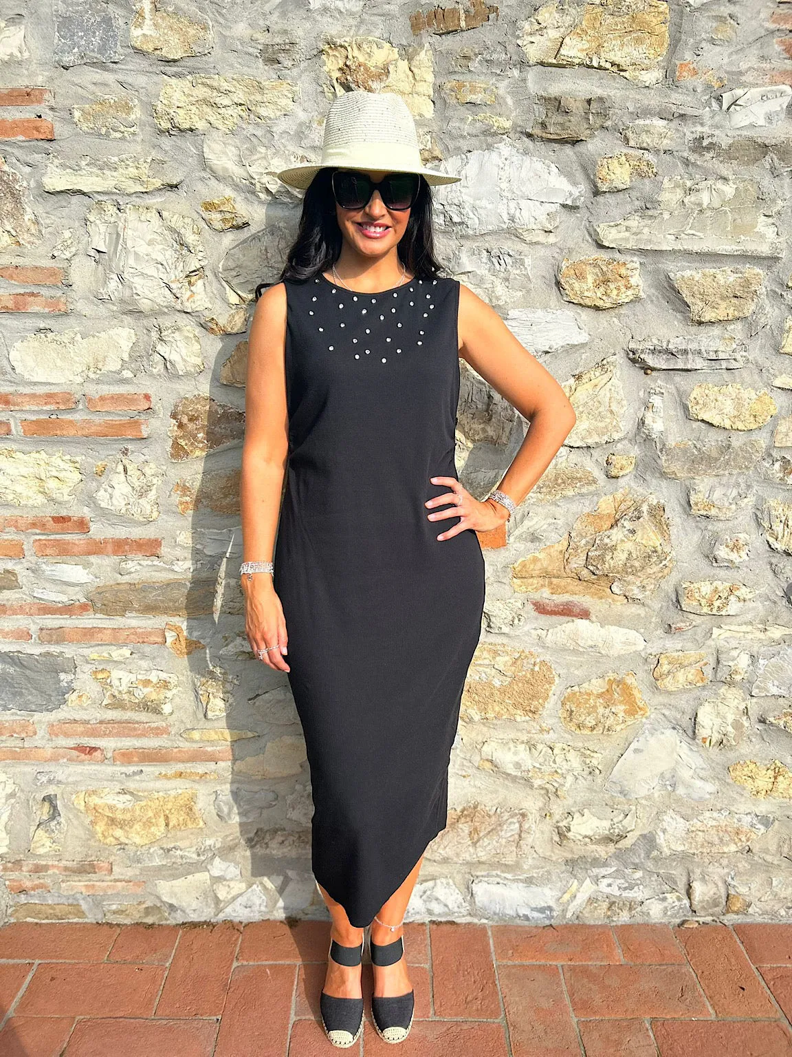 Black Sleeveless Cotton Embellished Dress Isabella