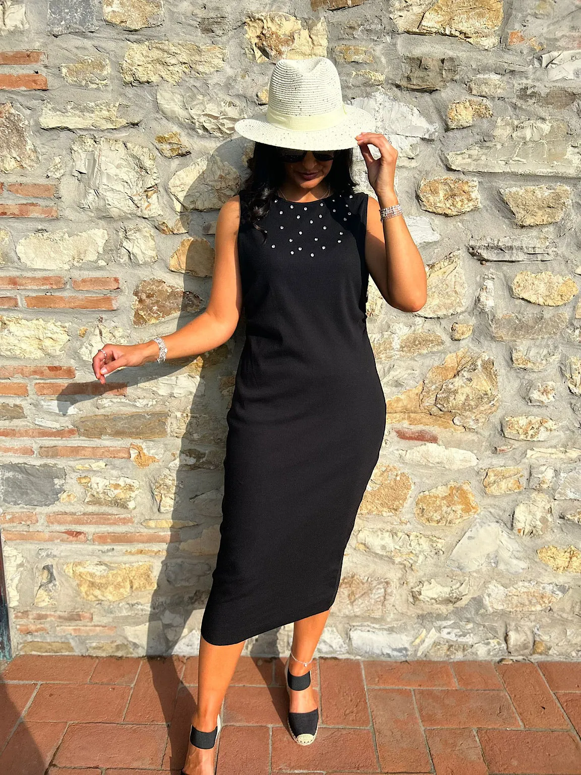 Black Sleeveless Cotton Embellished Dress Isabella