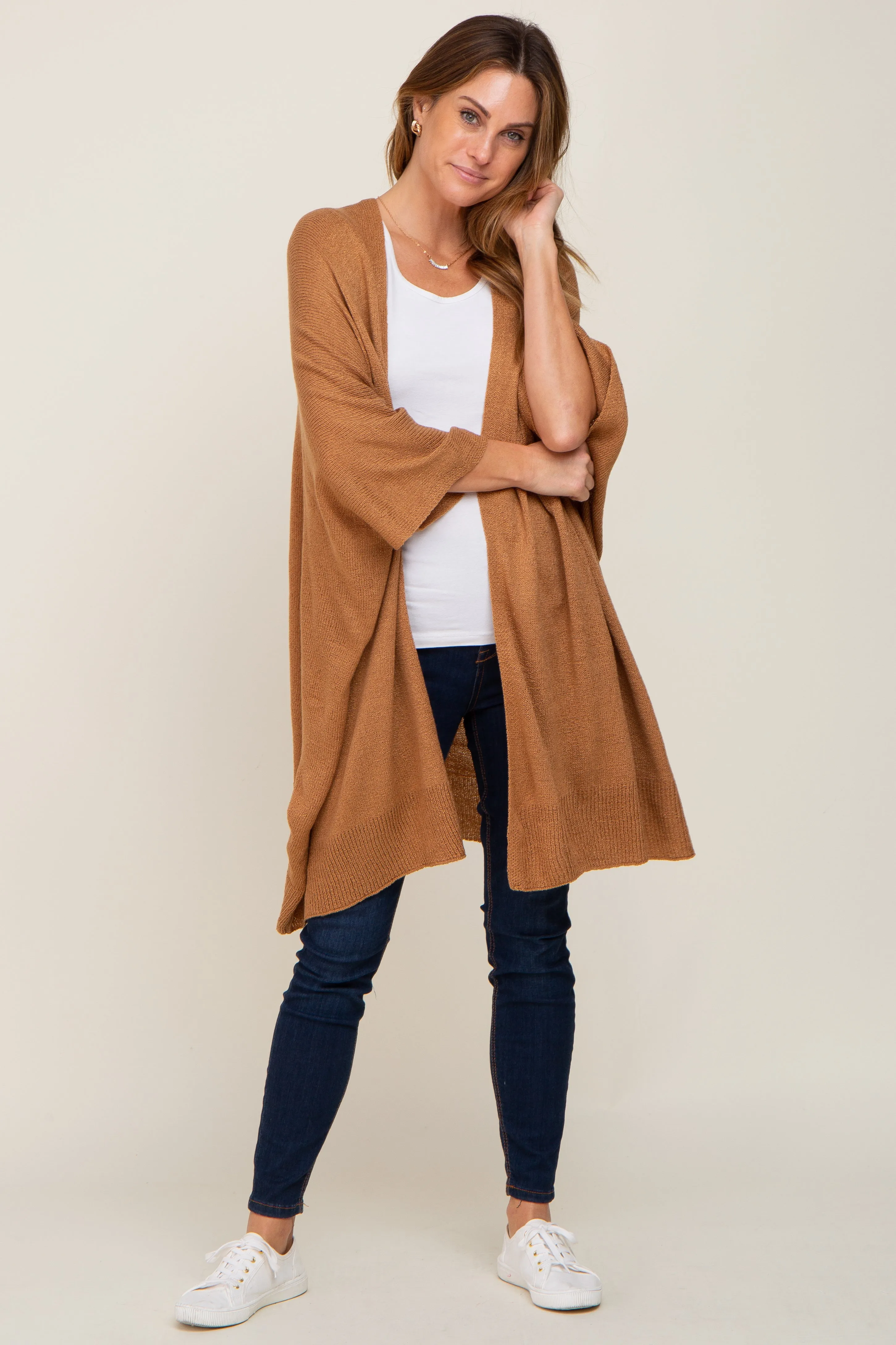 Camel Knit Open Front Cardigan