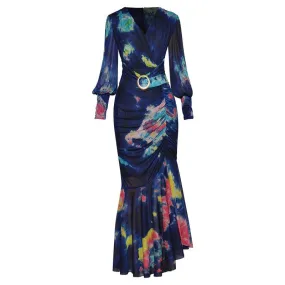 Carter V-neck Lantern sleeve Folds Tie Dye Print Slim Party Mermaid Dress