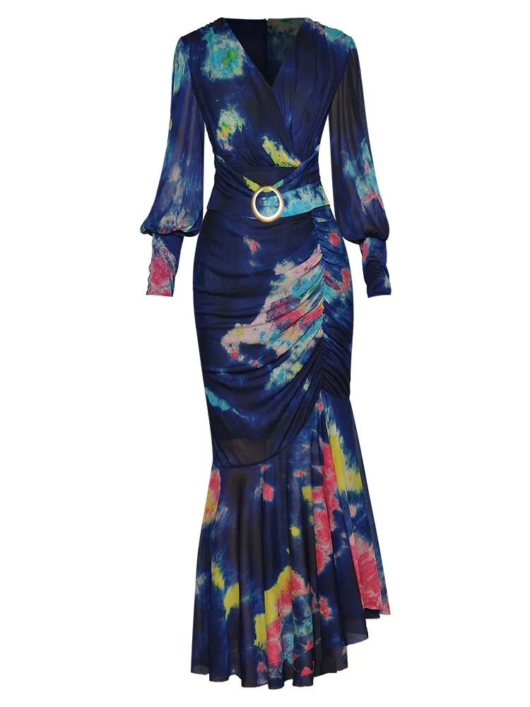 Carter V-neck Lantern sleeve Folds Tie Dye Print Slim Party Mermaid Dress