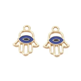 Charms, Hamsa Hand, Evil Eye, Symbol, Openwork, Light Gold, Plated, Alloy, Blue, Enamel, 20mm