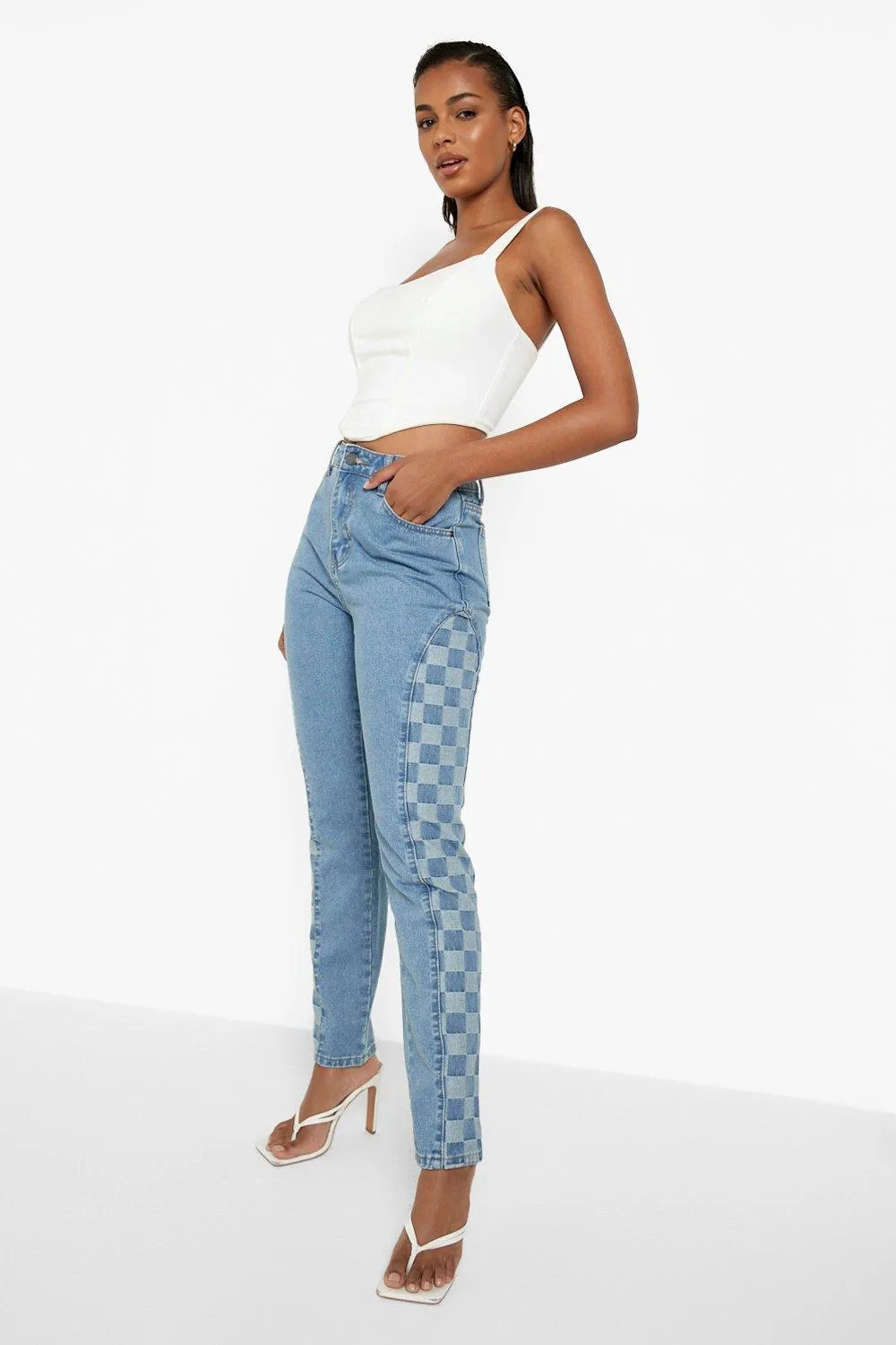 Checkerboard Insert Straight Leg Jeans