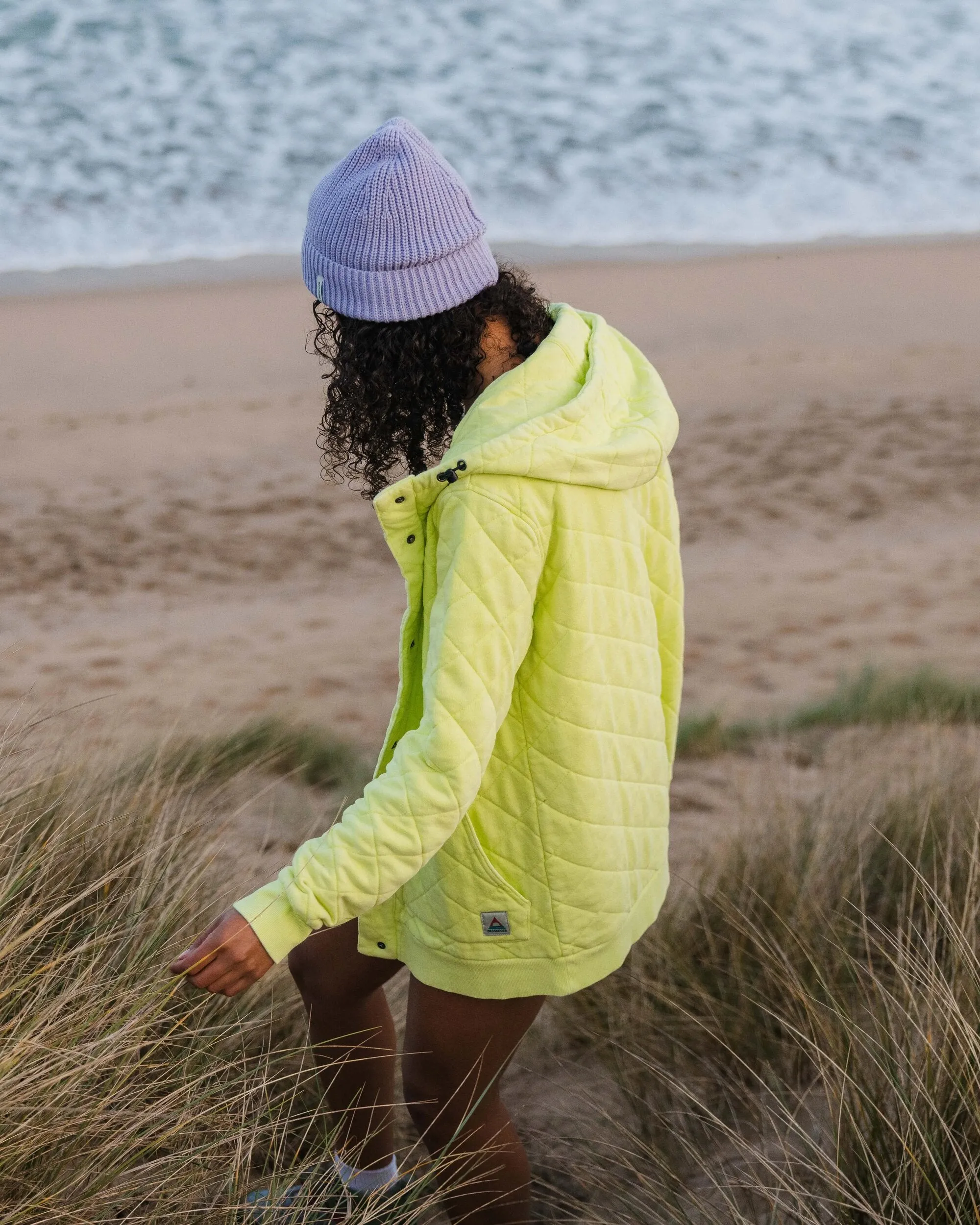 Clementine Recycled Quilted Popper Up Hoodie - Lime Juice