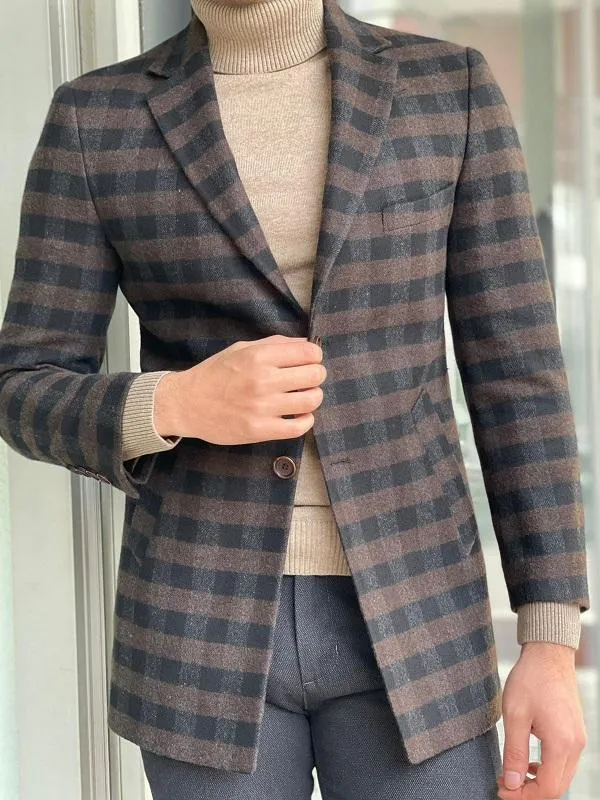 Clemson Brown Slim Fit Plaid Wool Long Coat