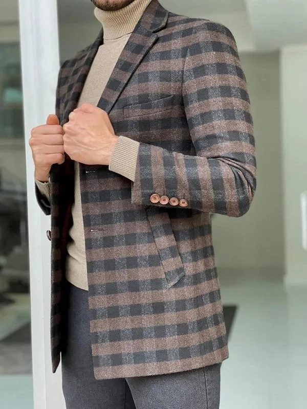 Clemson Brown Slim Fit Plaid Wool Long Coat