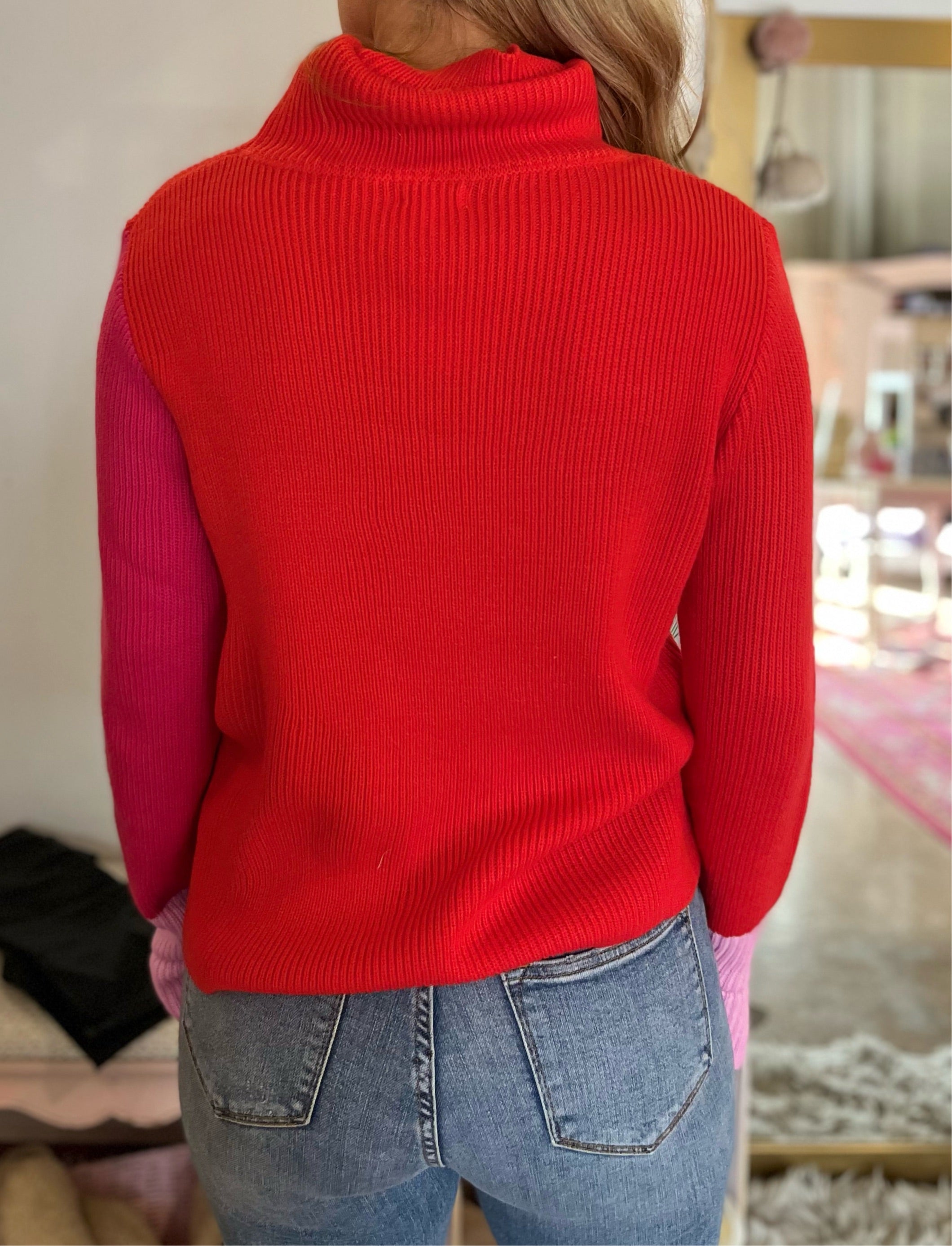 Colorblock Long Sleeve Sweater - Red