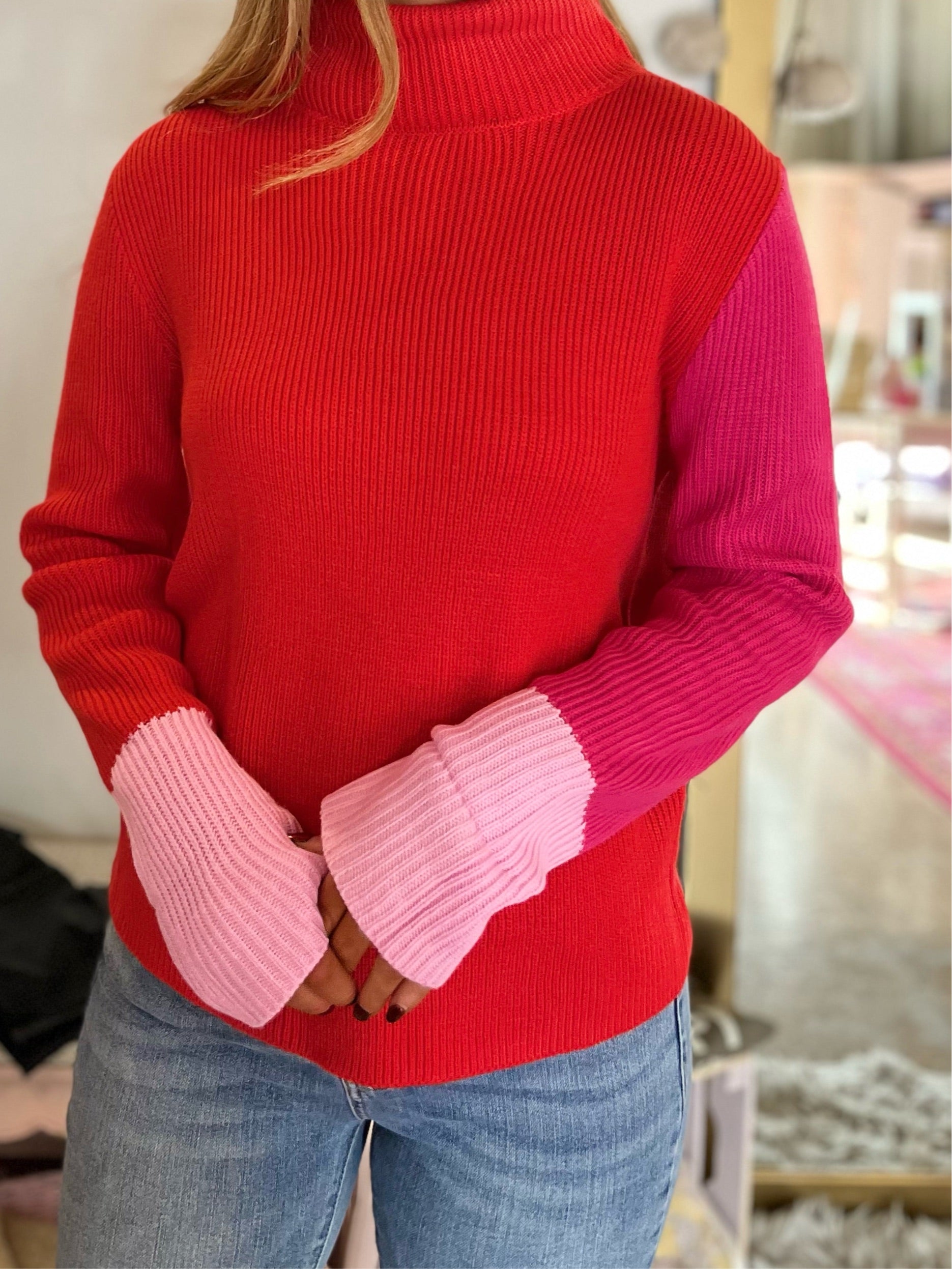 Colorblock Long Sleeve Sweater - Red