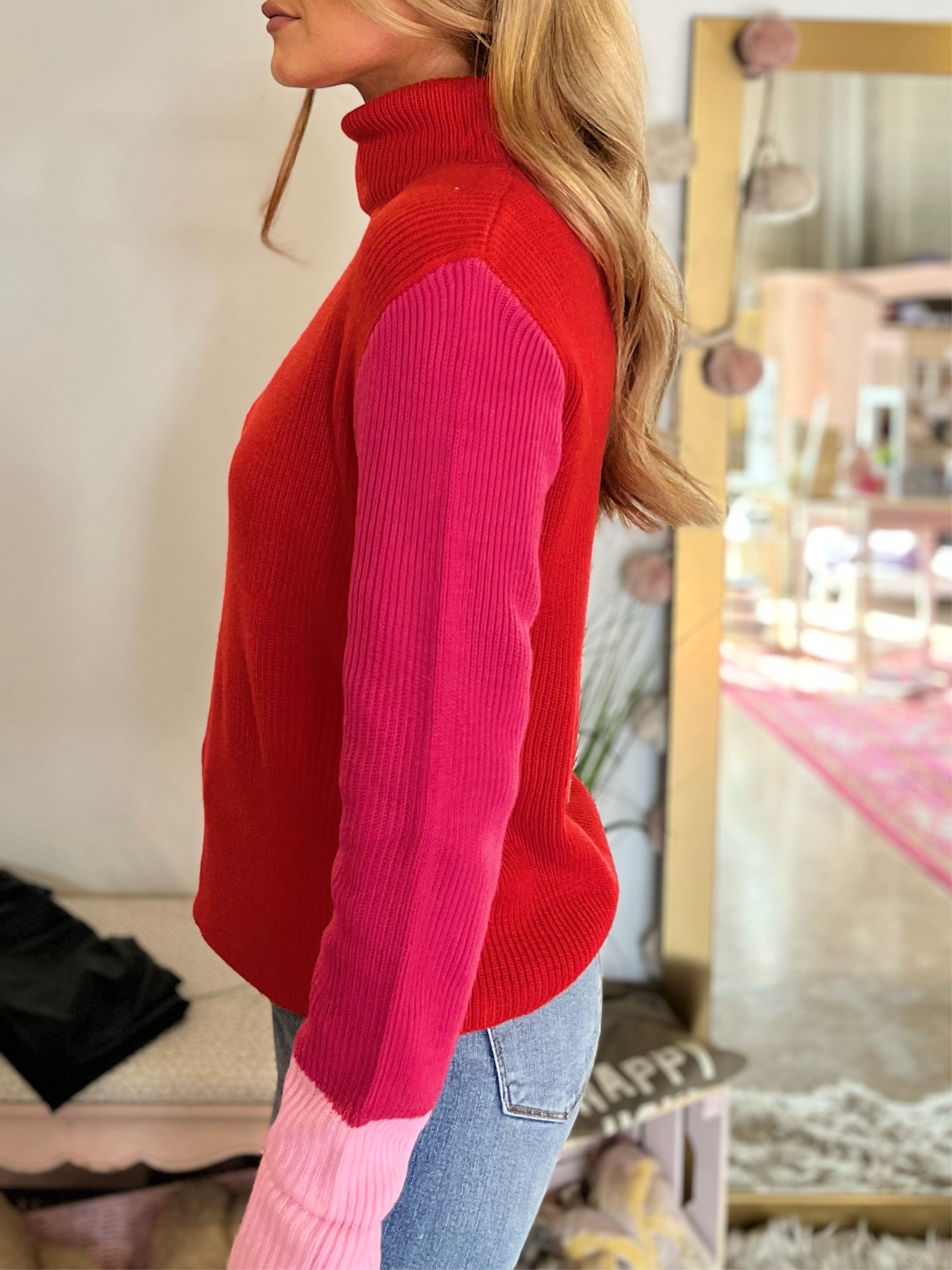 Colorblock Long Sleeve Sweater - Red