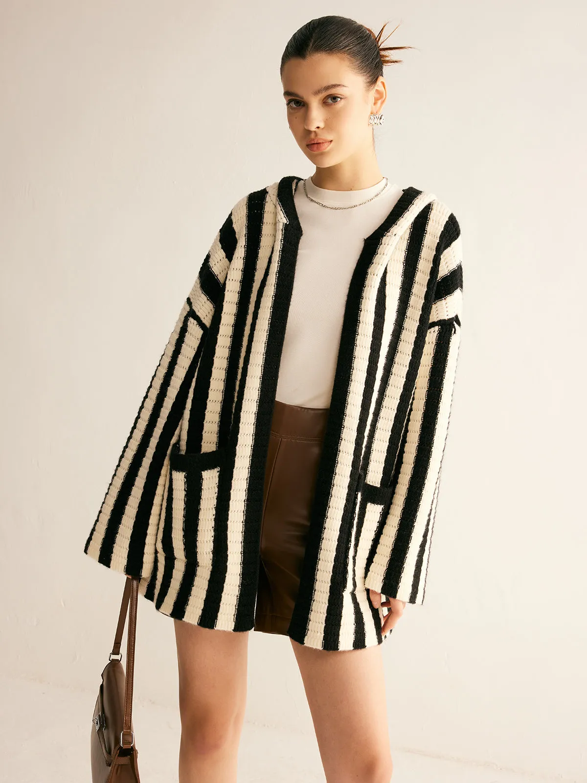 Contrast Pinstripe Hooded Cardigan