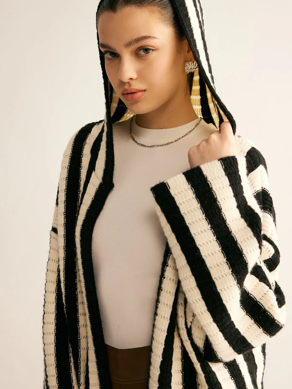 Contrast Pinstripe Hooded Cardigan