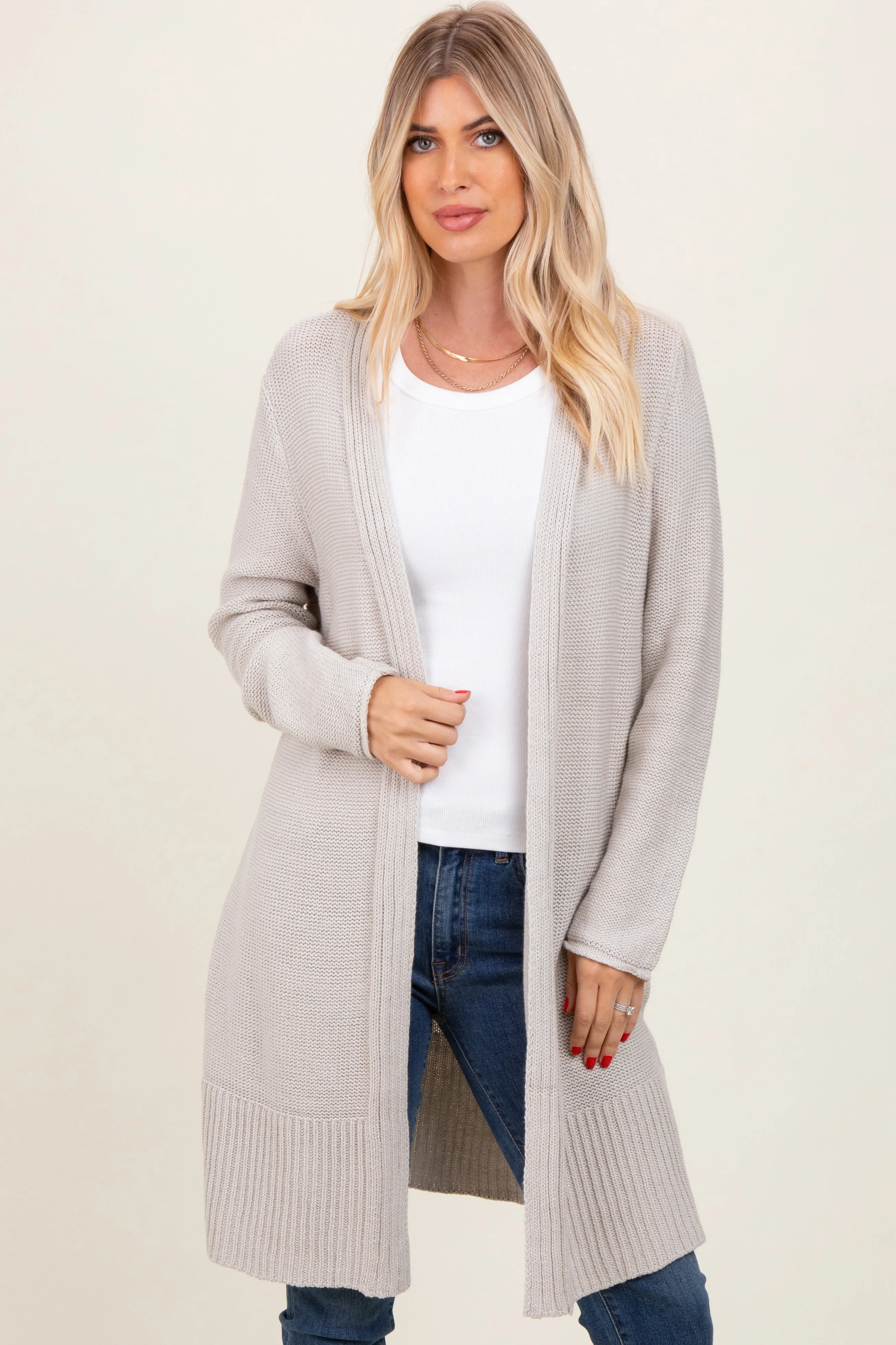 Cream Contrast Rib Long Open Cardigan