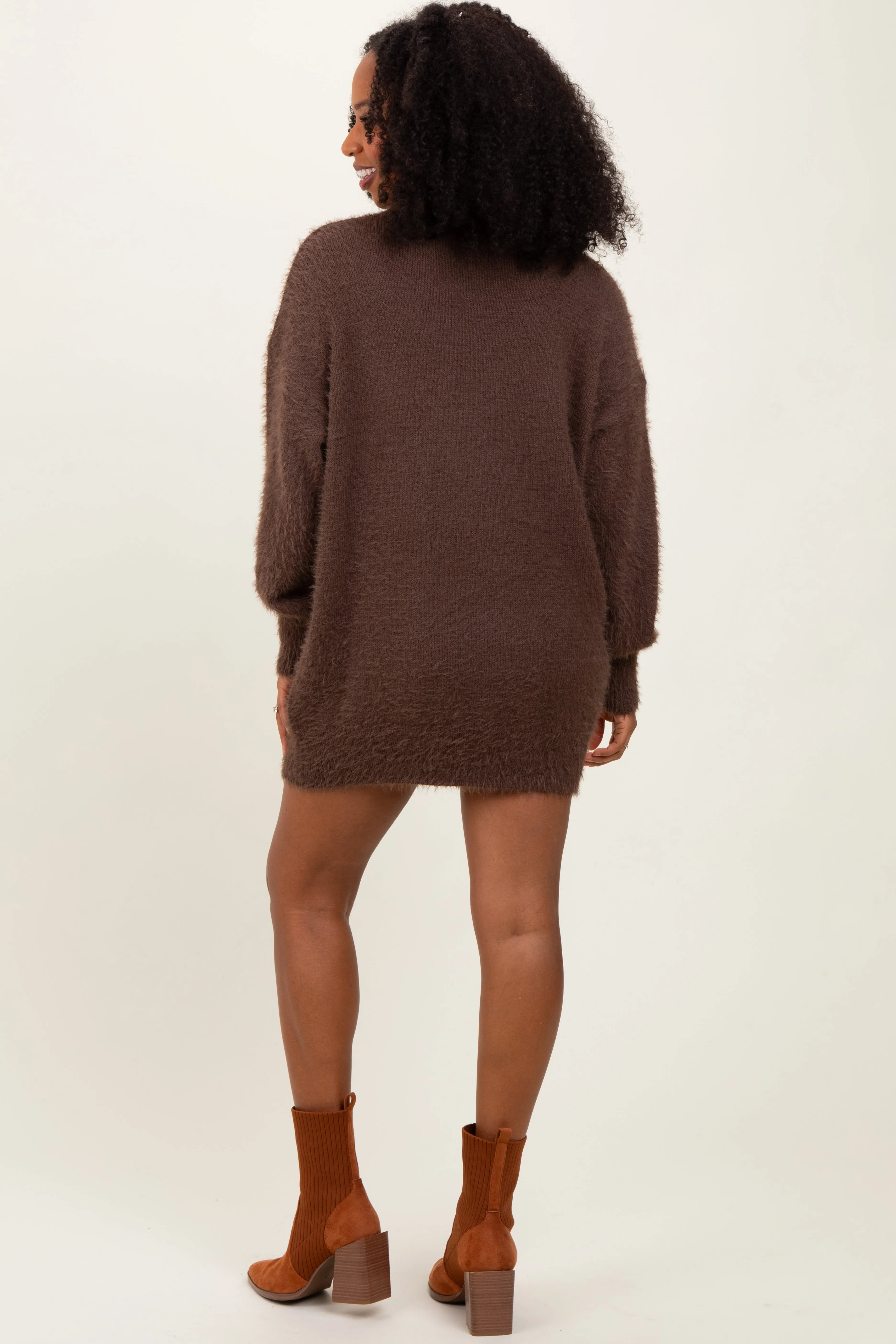 Cream Fuzzy Knit Turtleneck Sweater Mini Dress