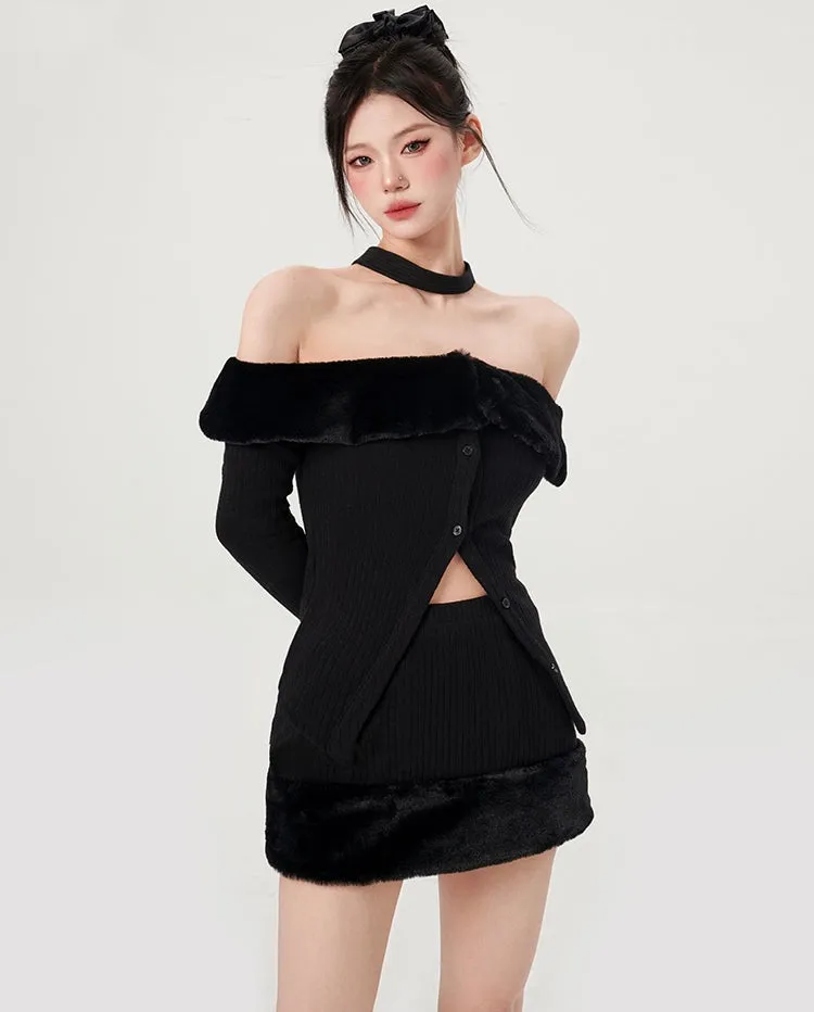 Crystal Solid Color Black Patchwork Off The Shoulder Button Up Lon Sleeve Slim Top Mini Skirt Matching Set