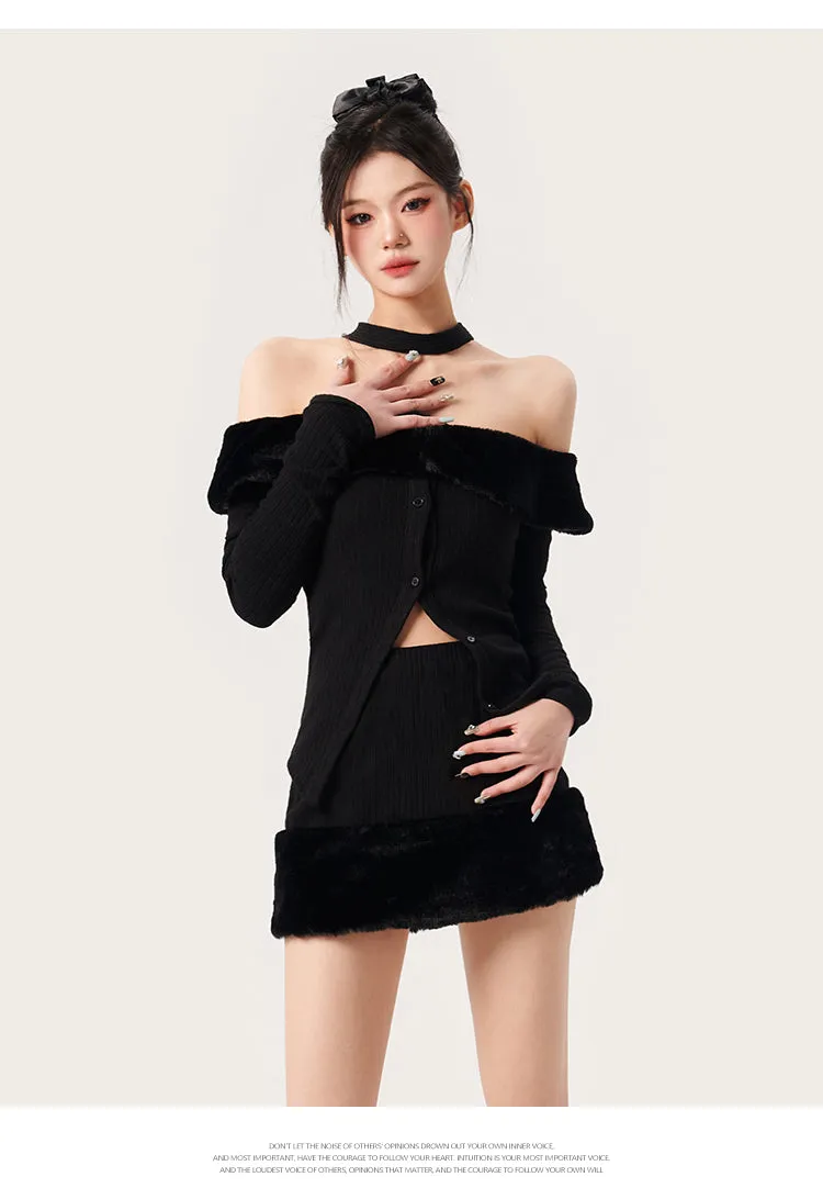 Crystal Solid Color Black Patchwork Off The Shoulder Button Up Lon Sleeve Slim Top Mini Skirt Matching Set