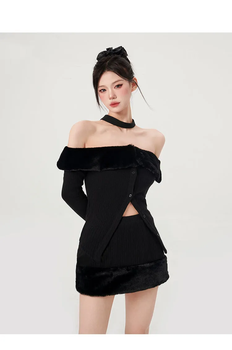 Crystal Solid Color Black Patchwork Off The Shoulder Button Up Lon Sleeve Slim Top Mini Skirt Matching Set