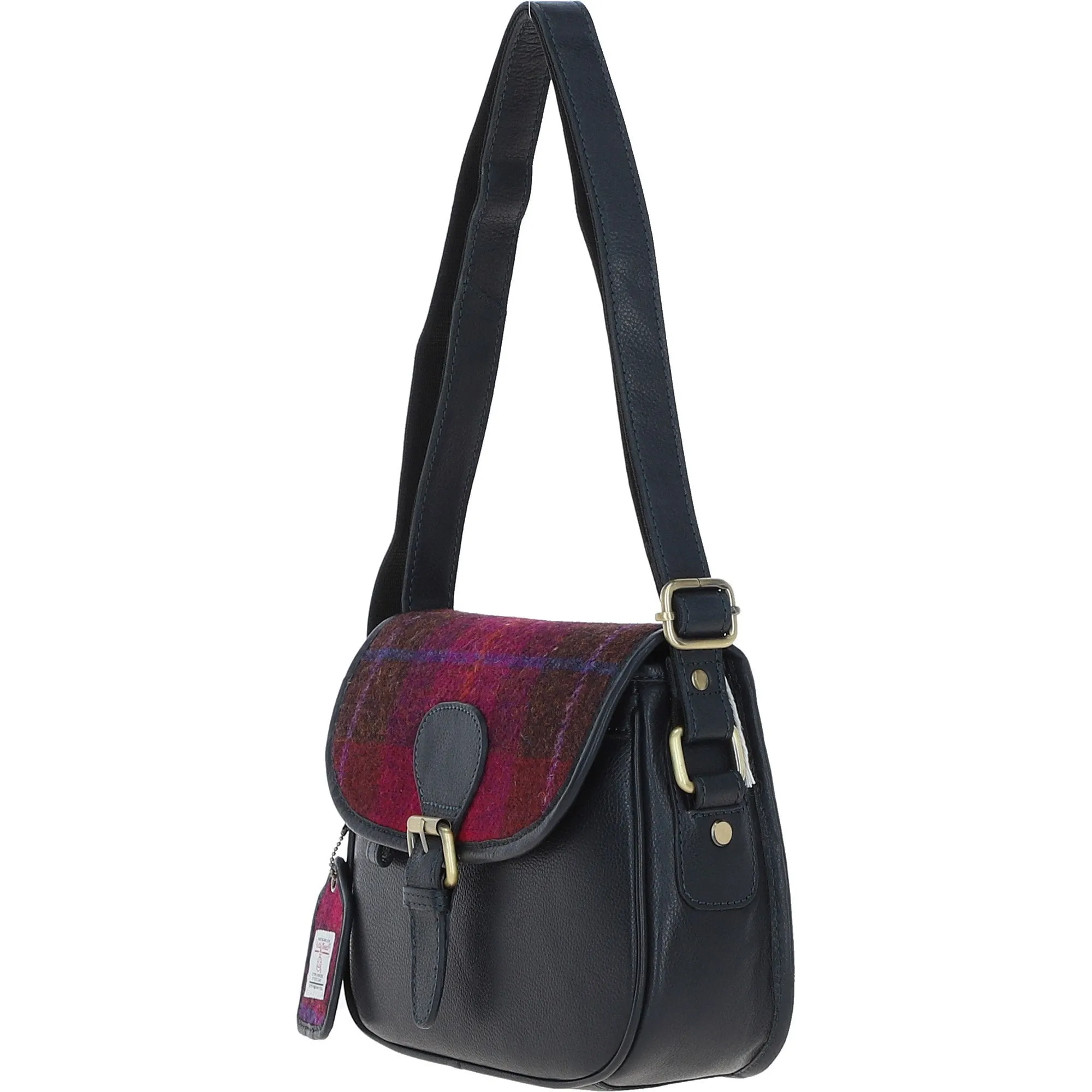 Elegant Ashwood Leather & Harris Tweed Crossbody Bag Navy/Pink: TW-27-06-NP