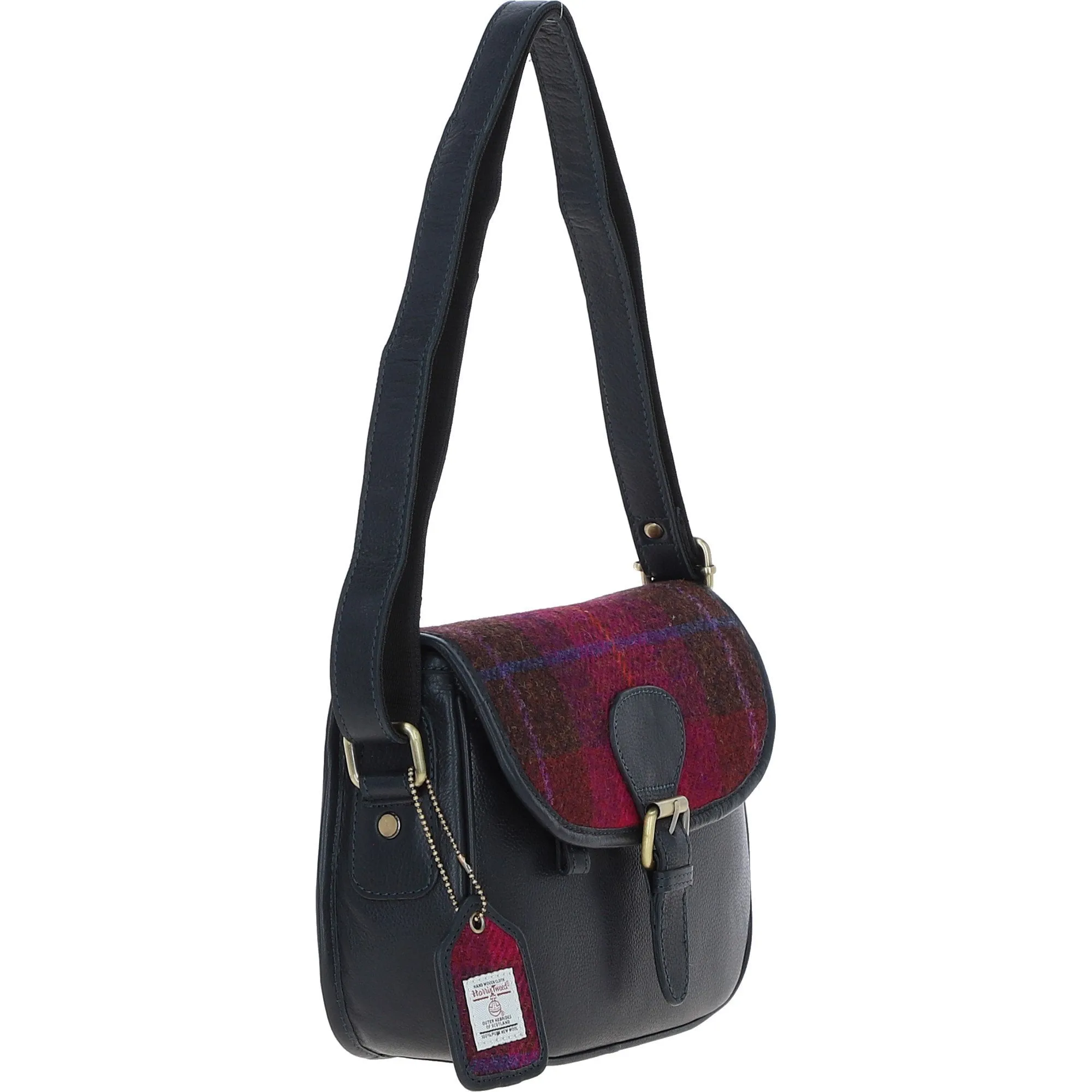 Elegant Ashwood Leather & Harris Tweed Crossbody Bag Navy/Pink: TW-27-06-NP