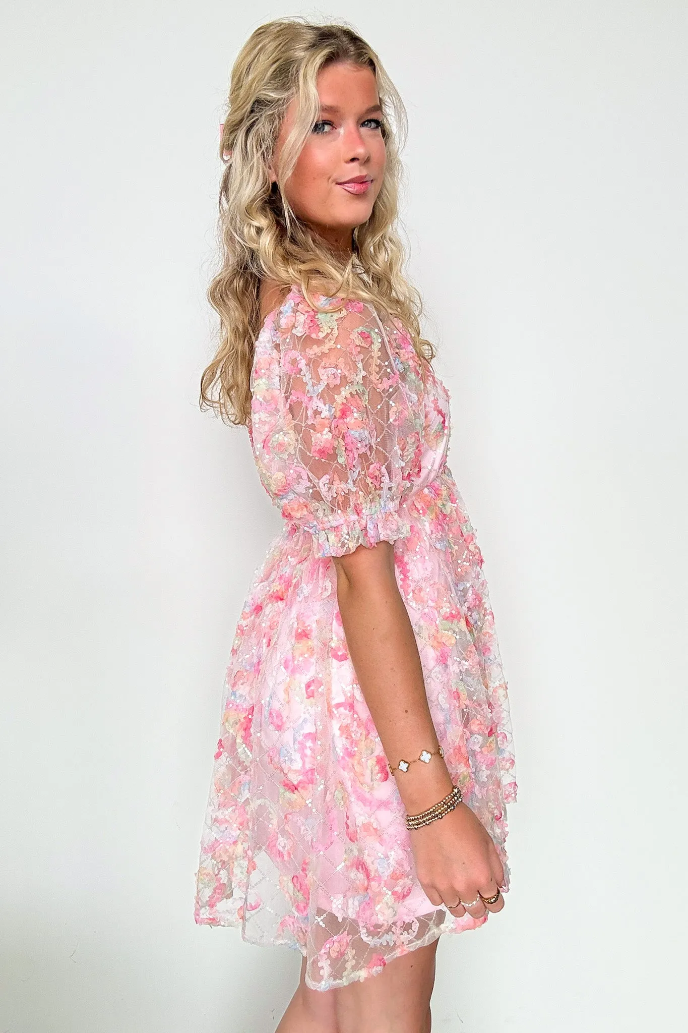 Euphoric Eloquence Multi Color Lace Puff Sleeve Dress