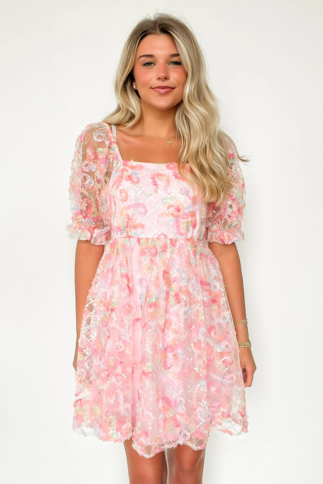 Euphoric Eloquence Multi Color Lace Puff Sleeve Dress