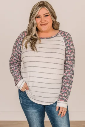 Floral Desires Long Sleeve Knit Top- Ivory & Charcoal