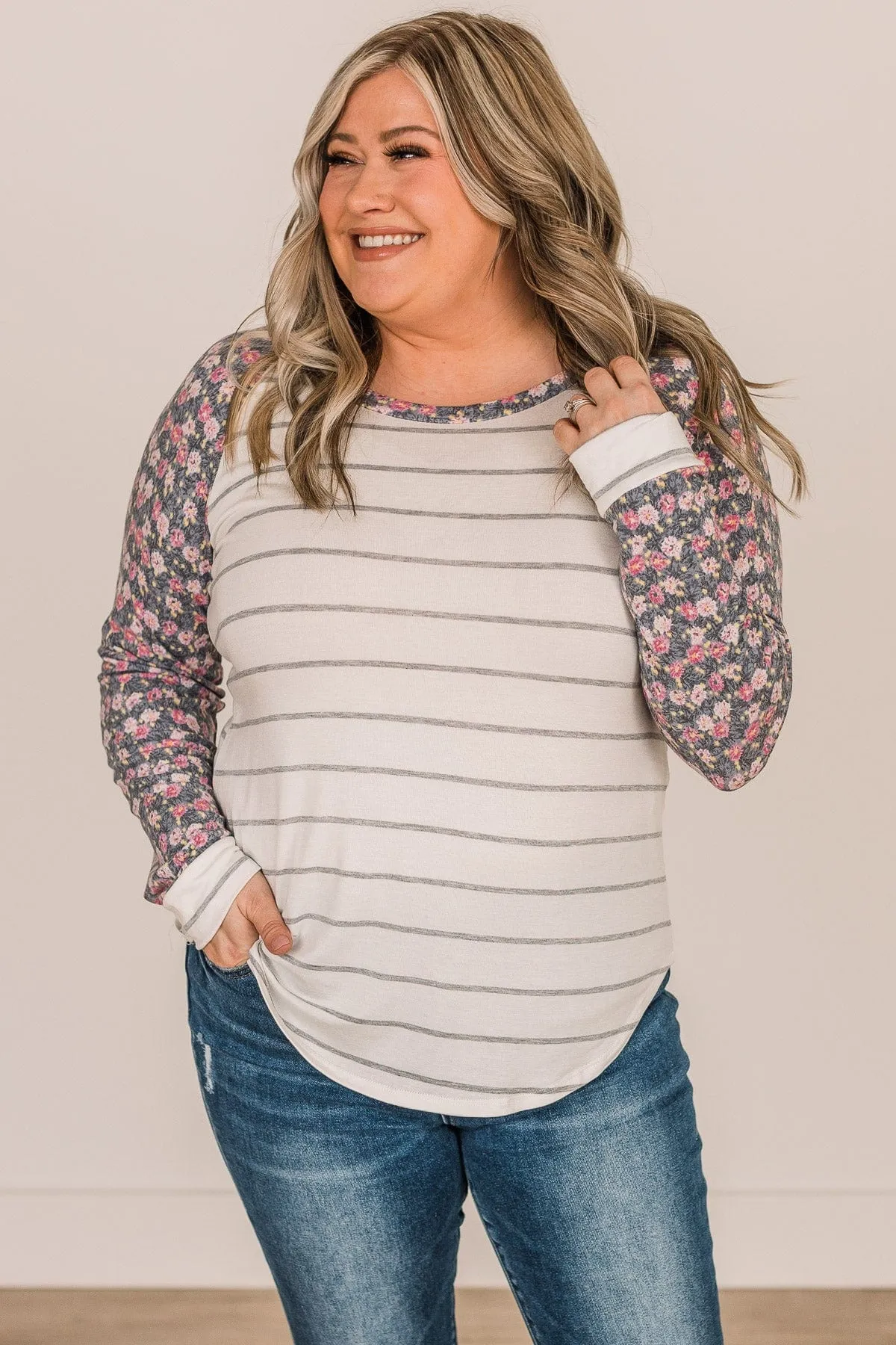 Floral Desires Long Sleeve Knit Top- Ivory & Charcoal