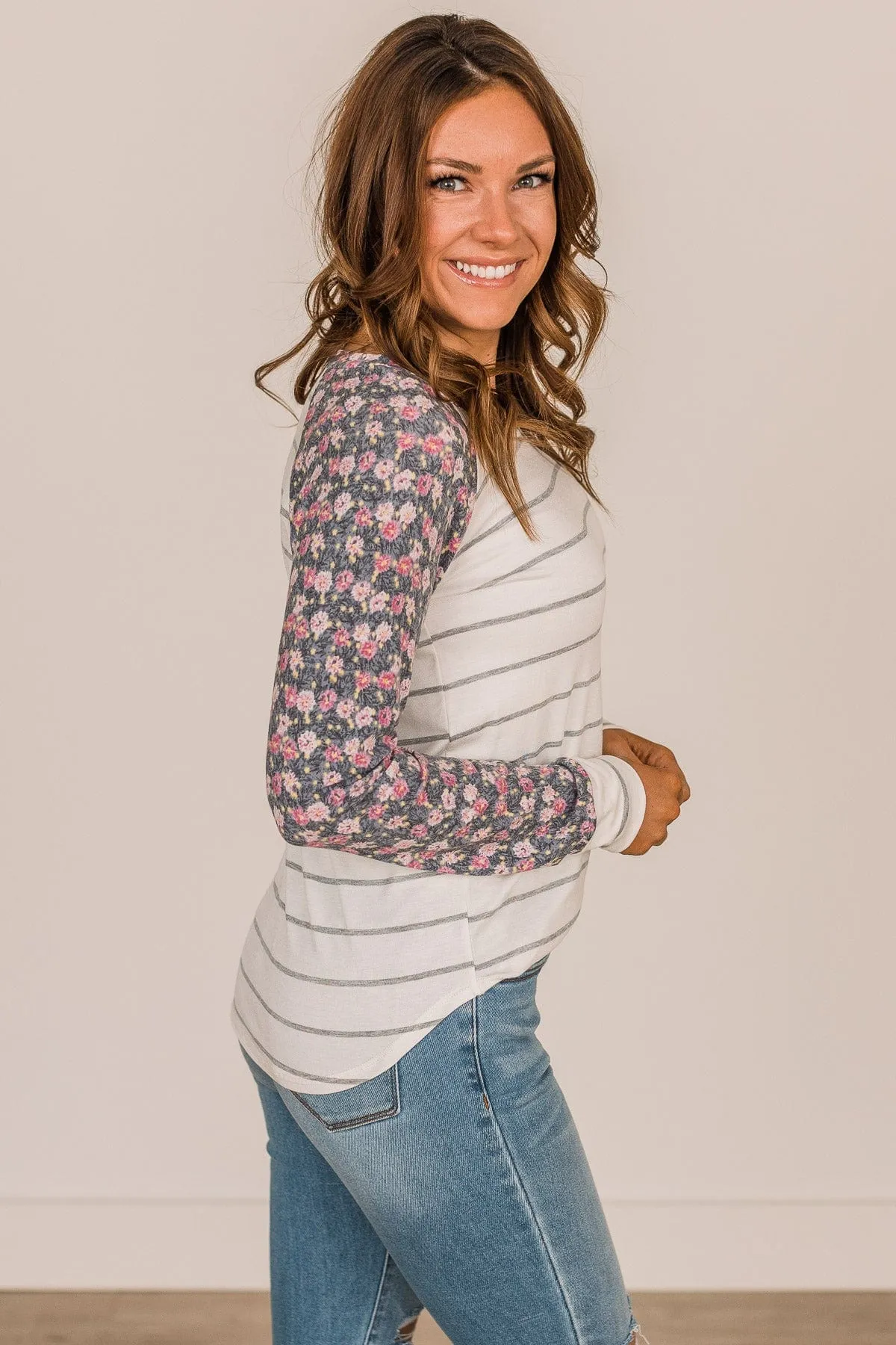 Floral Desires Long Sleeve Knit Top- Ivory & Charcoal