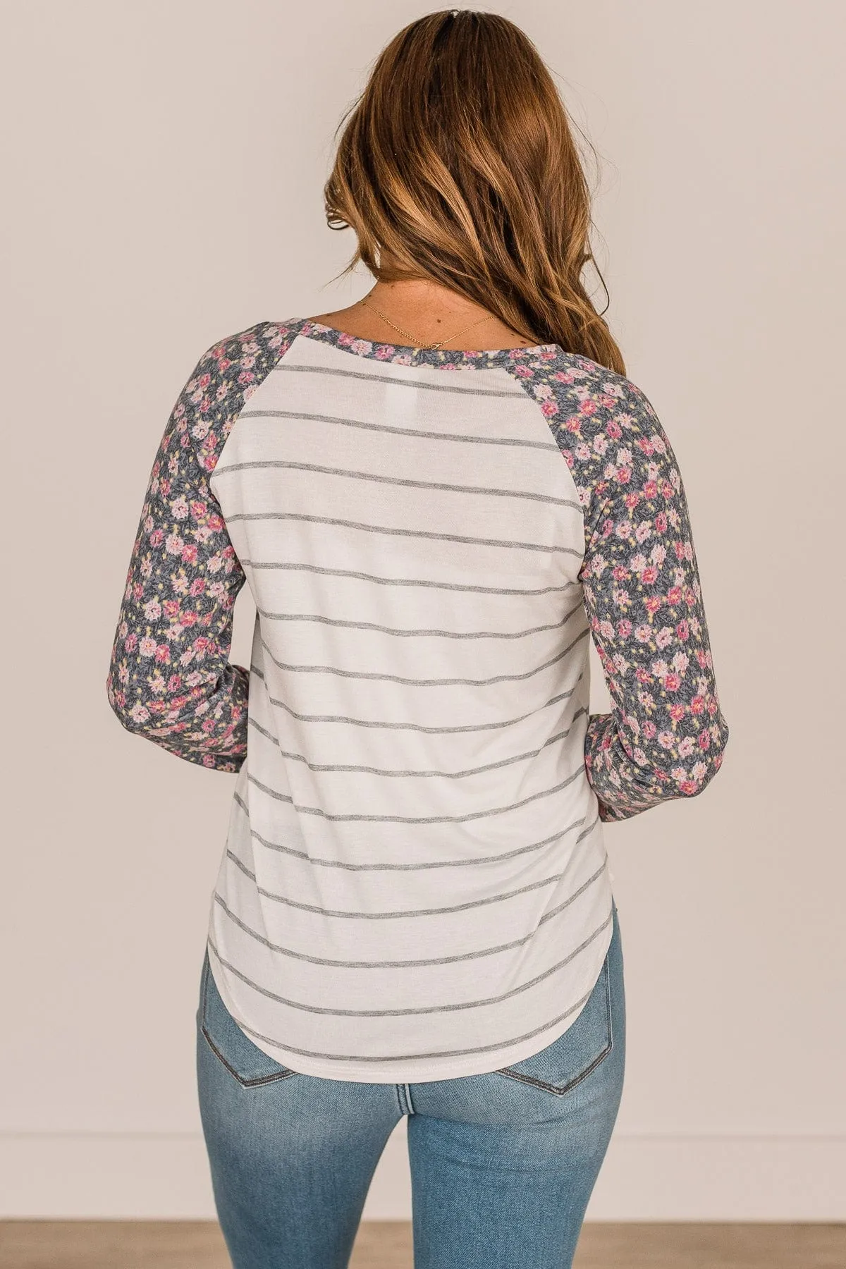 Floral Desires Long Sleeve Knit Top- Ivory & Charcoal