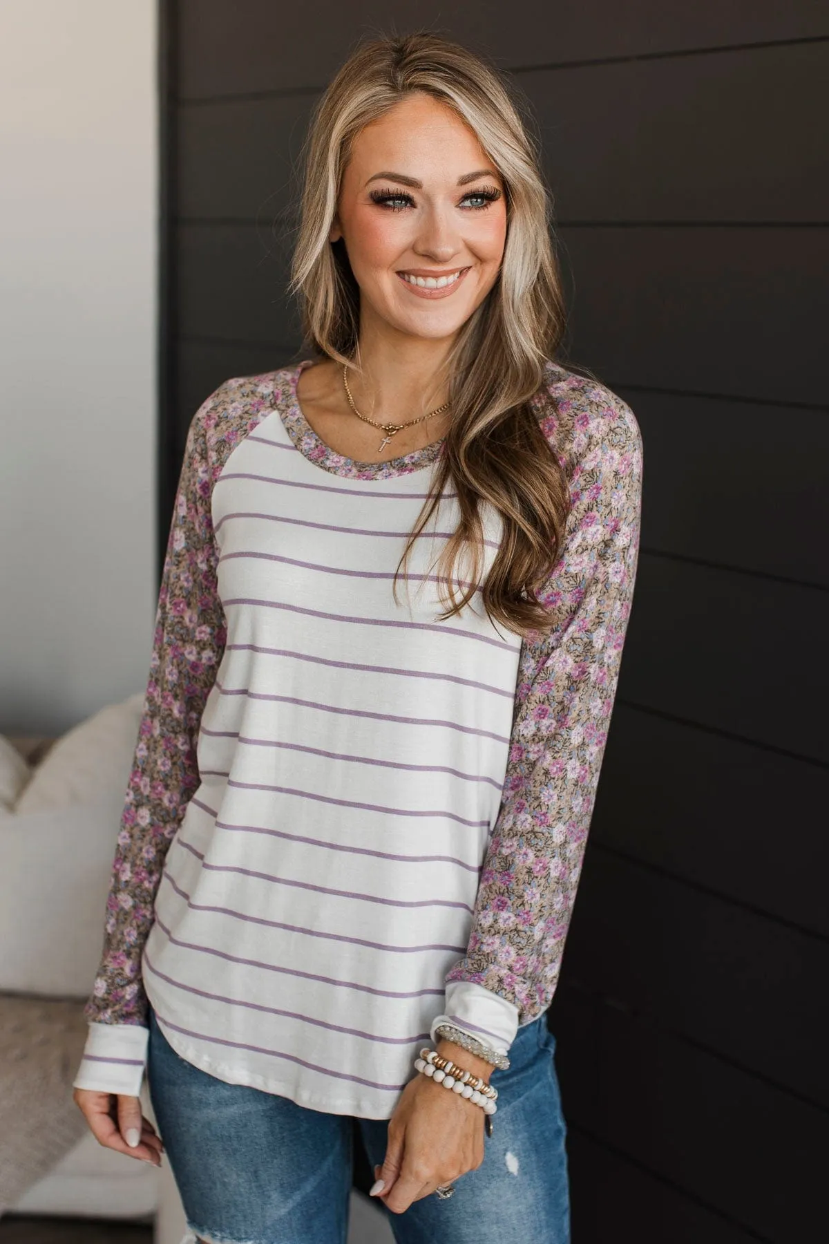 Floral Desires Long Sleeve Knit Top- Ivory & Purple