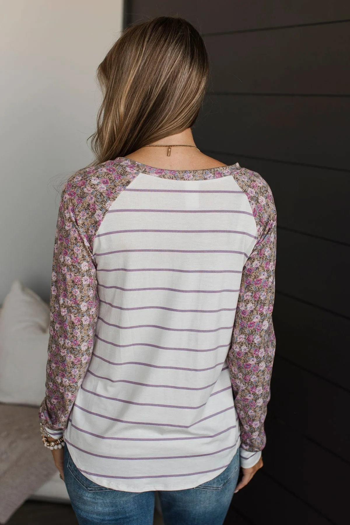 Floral Desires Long Sleeve Knit Top- Ivory & Purple