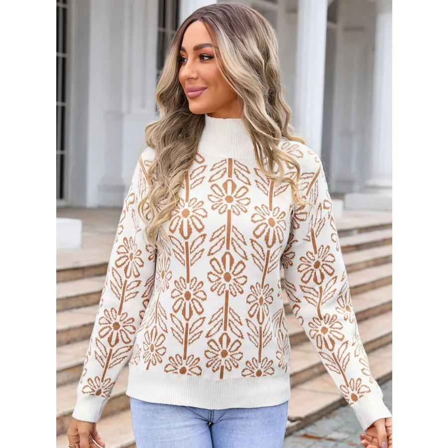 Flower Turtleneck Long Sleeve Sweater