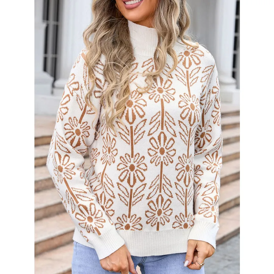 Flower Turtleneck Long Sleeve Sweater