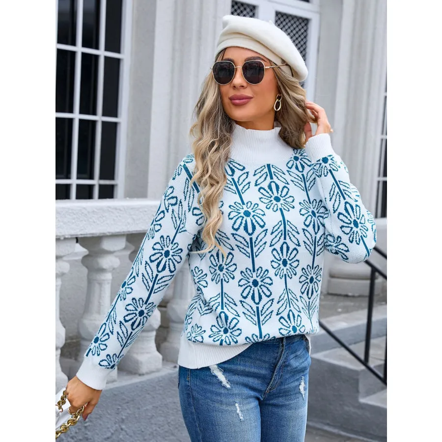 Flower Turtleneck Long Sleeve Sweater