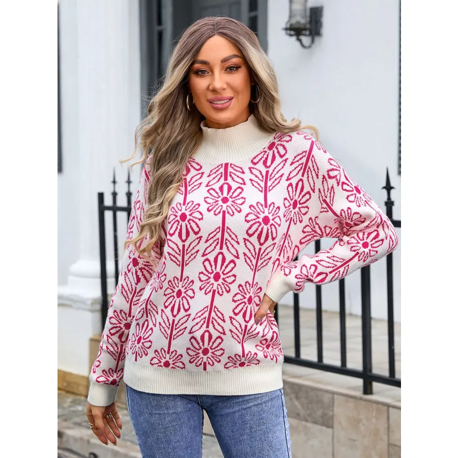 Flower Turtleneck Long Sleeve Sweater