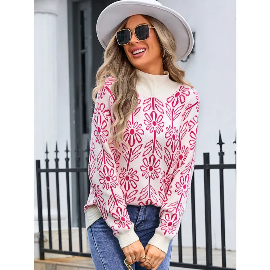 Flower Turtleneck Long Sleeve Sweater