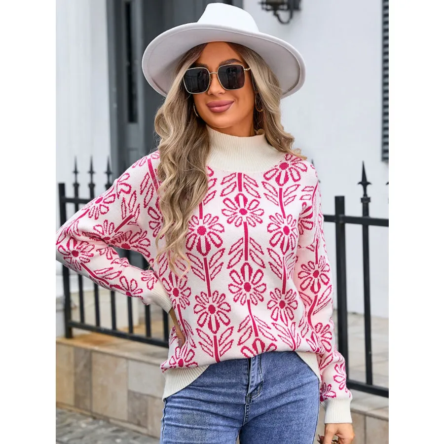 Flower Turtleneck Long Sleeve Sweater