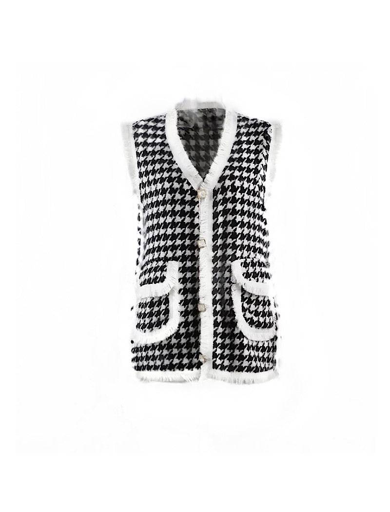 Fringed Houndstooth Pattern Knit Long Vest