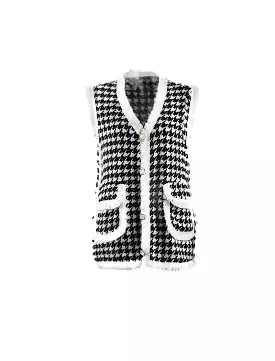 Fringed Houndstooth Pattern Knit Long Vest