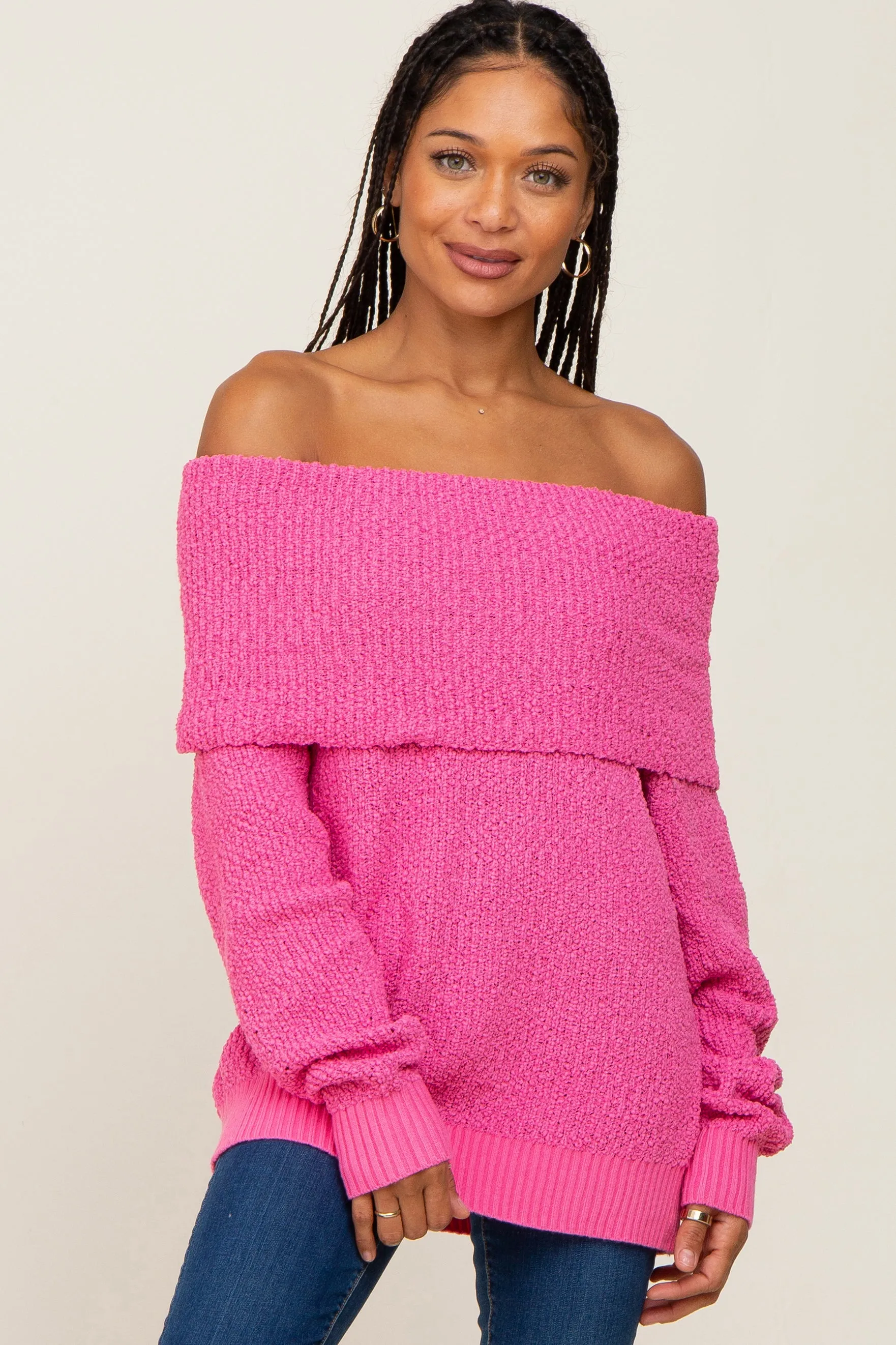 Fuchsia Foldover Off Shoulder Sweater