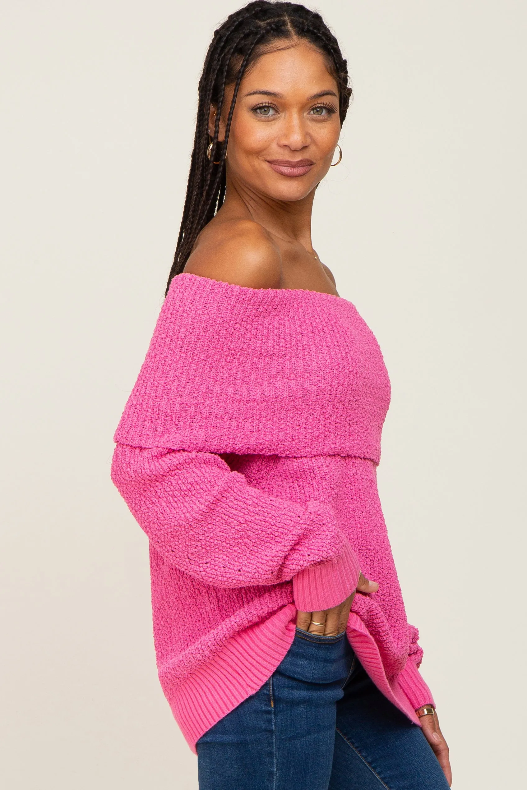 Fuchsia Foldover Off Shoulder Sweater