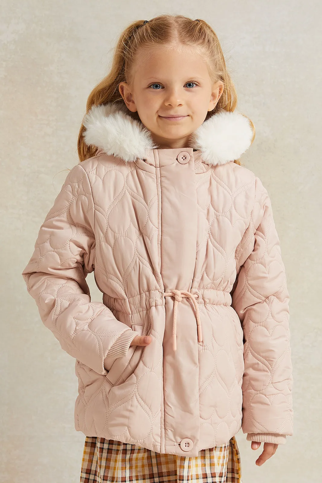 Girls Pink Long Jacket Sherpa Hooded