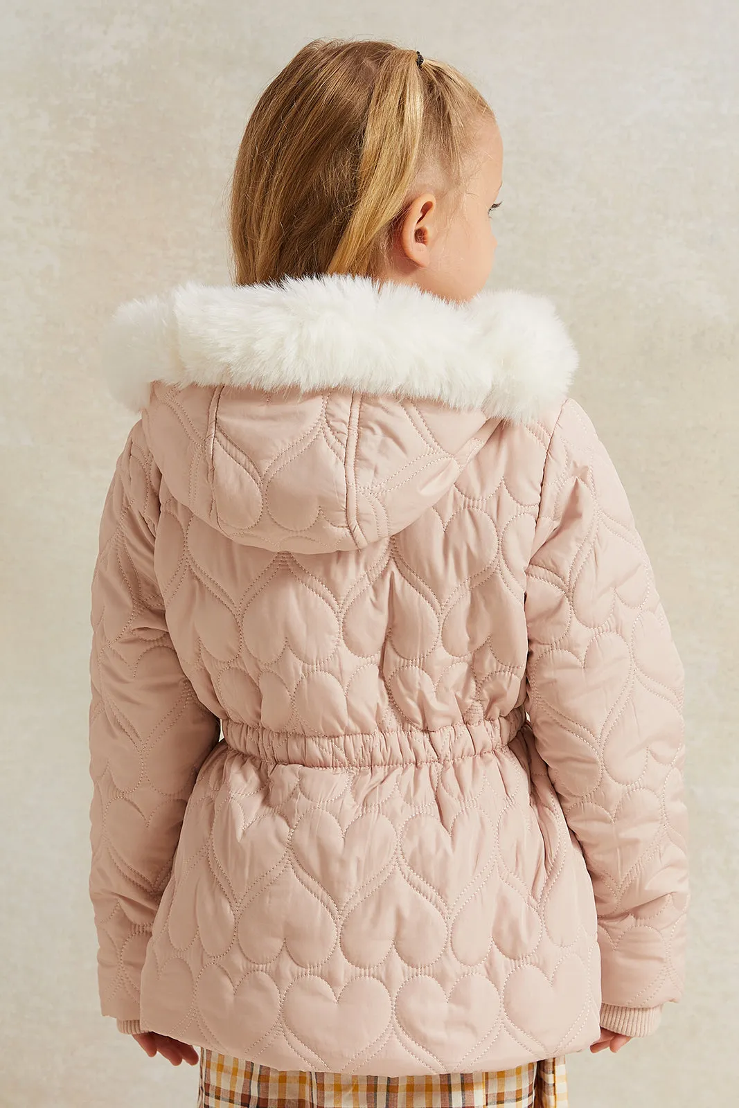 Girls Pink Long Jacket Sherpa Hooded