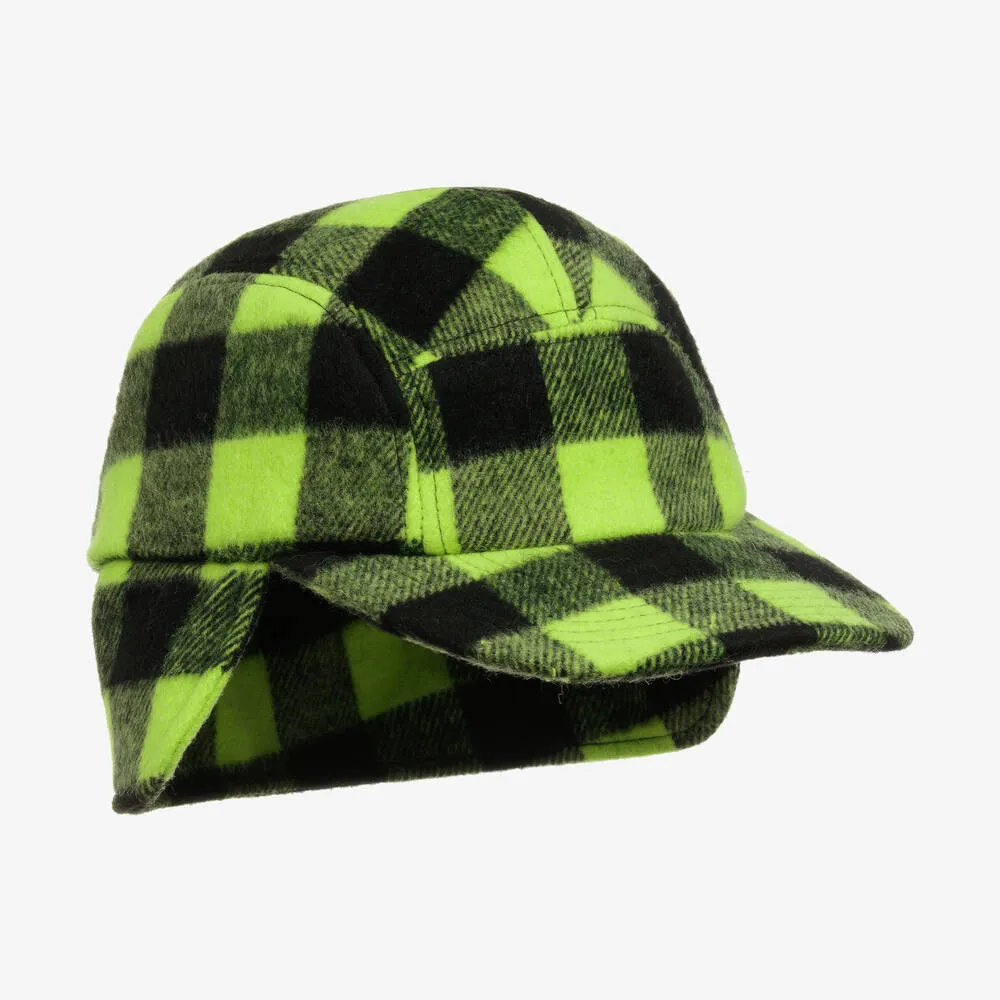 Green & Black Wool Checked Hat