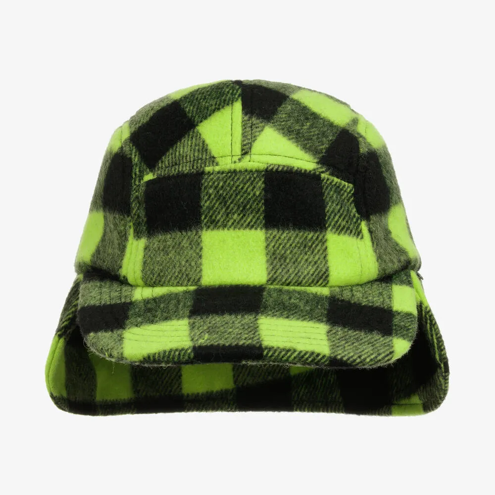 Green & Black Wool Checked Hat